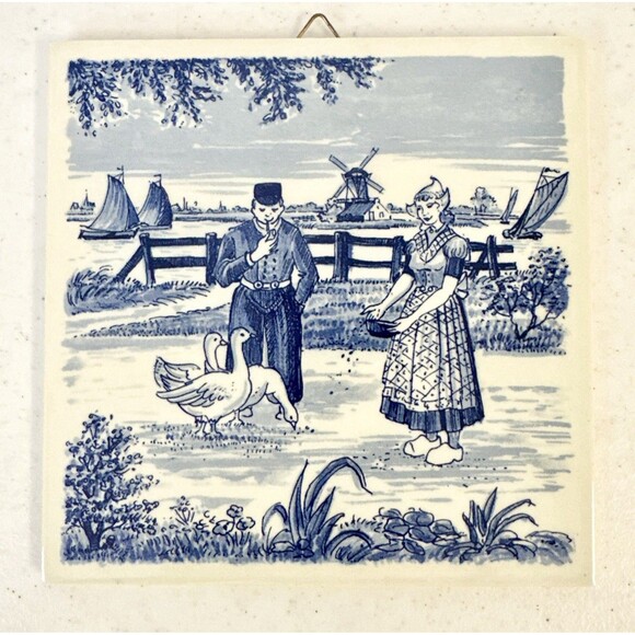 Vintage Delft Blue Ceramic Tile‎ Dutch Scene Windmill Geese Holland Wall Art 6x6 - Picture 1 of 8